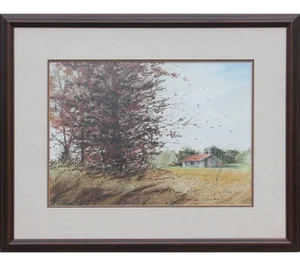 A.J. Schexnayder "West" Red Farmhouse in Field Framed Watercolor Early 21st Century