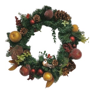 Partridge in Pear Tree Winter Door Wreath Realistic Holiday Crystal Fruit Apple For Sale