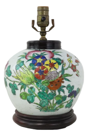 Antique Famille Rose Porcelain Vase Lamp With Finger Citron Buddha’s Hand and Pomegranate Motif