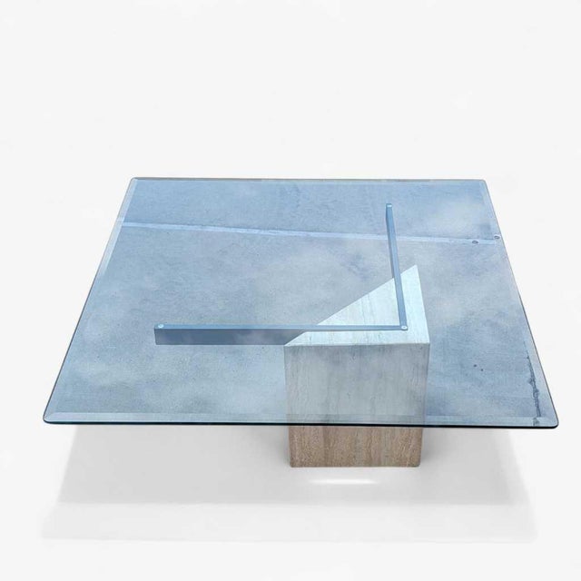 1980s Postmodern Glass Coffee Table With Travertine Base For Sale - Image 12 of 18