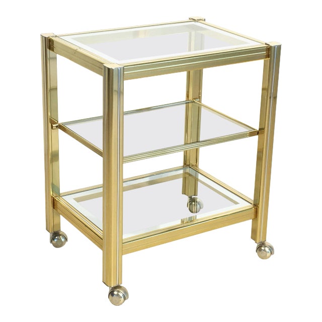 Italian Drinks Cart Trolley or Bar Cart of Brass and Glass For Sale