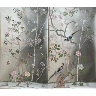 Chinoiserie Hand Painted Wallpaper Mural- 2 Panels For Sale