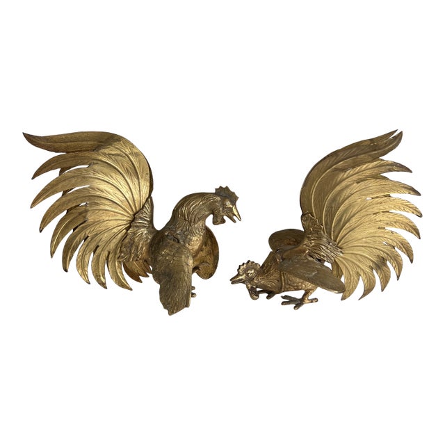Vintage Mid Century Brass Fighting Roosters- A Pair For Sale
