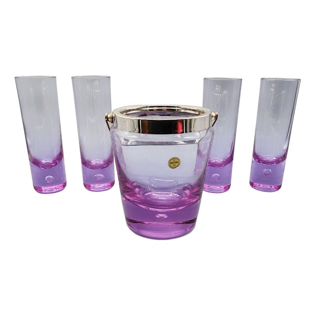 Vintage Crystal Set with Ice Bucket and 4 Glasses from VB Kristall, 1970s, Set of 5 For Sale