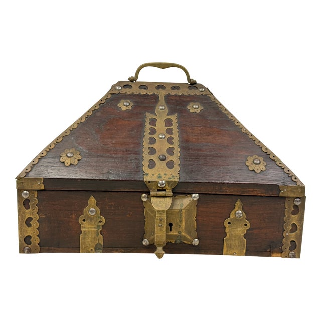 Antique Indian Jewelry Box in Wood and Brass, 1800s For Sale
