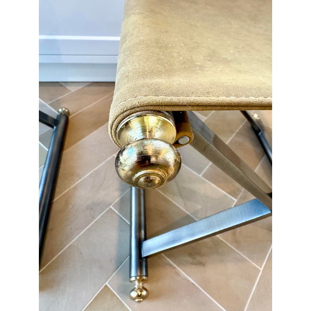 Metal Pair of Late 20th Century Maison Jansen Style Brushed Steel, Brass and Nubuck Leather X-Frame Stools For Sale - Image 7 of 9