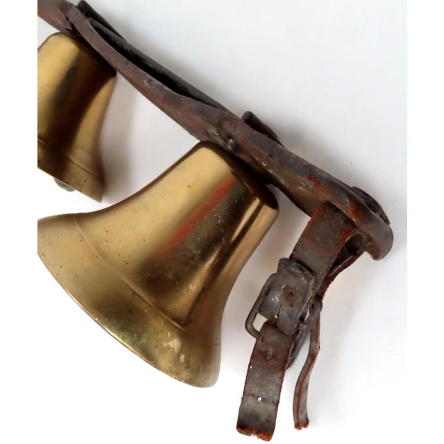 Brass Nice Original Set of 3 Antique American Leather & Brass Horse Drawn Snow Sleigh & Buggy Bells For Sale - Image 8 of 13