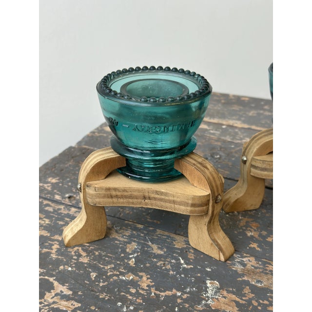 Wood Vintage Make-Do Hemingray Glass Insulator Candleholders With Laminated Wood Bases, a Pair, Circa Mid 20th Century For Sale - Image 7 of 18