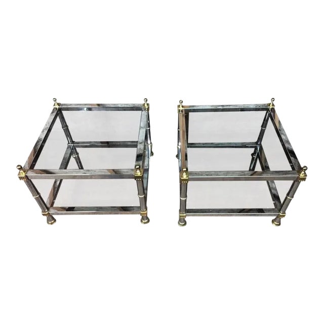 Maison Jansen Style Chrome & Brass Double Tier Side Tables - a Pair For Sale