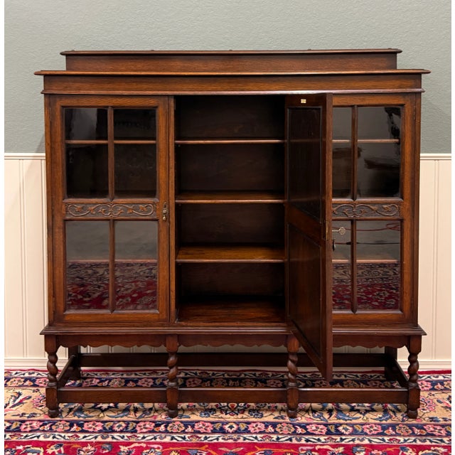 Wood Antique English Jacobean Bookcase Bookshelf Cabinet Barley Twist Wavy Glass Oak For Sale - Image 7 of 18