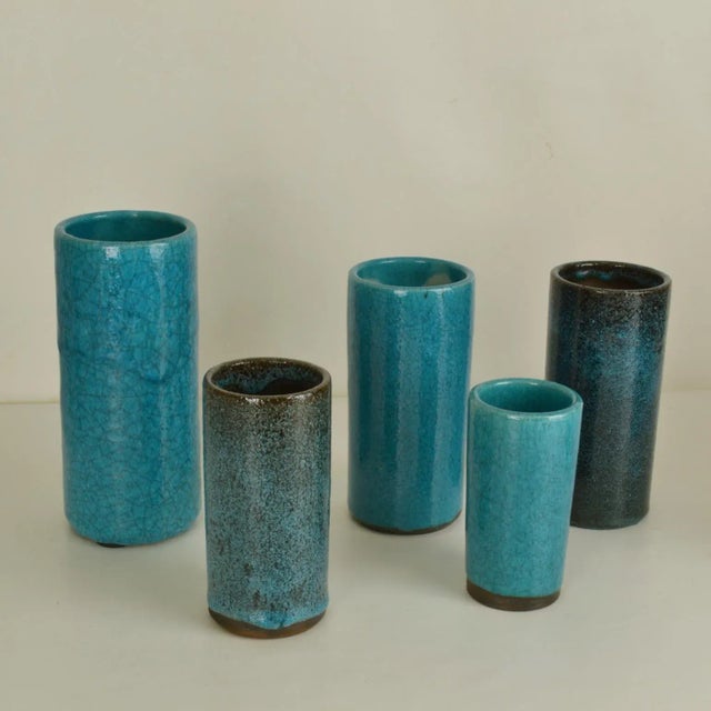 Blue Ceramic Cylinder Vases by Groeneveldt, Set of 10 For Sale - Image 10 of 14