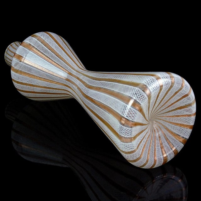 Glass Vintage Fratelli Toso Murano Copper Aventurine White Ribbons Italian Art Glass Corset Hourglass Vase For Sale - Image 7 of 7