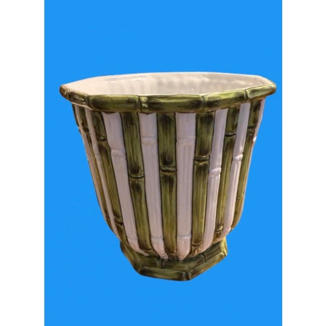 Italian Planter Cachepot Jardinière Green Bamboo Majolica Ceramic Design Circa 1970s For Sale In Miami - Image 6 of 9