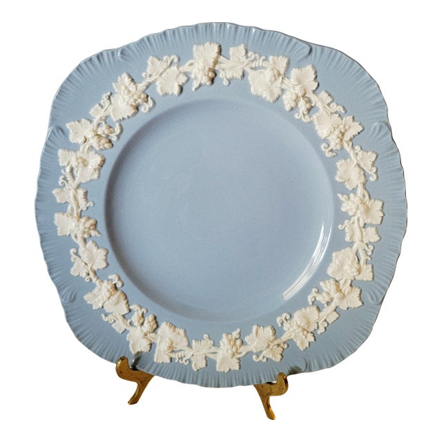 1950s Wedgwood Etruria Cream on Blue Embossed Queensware 8.75" Square Salad Plate Barlaston, Lavendar on Cream Shell Ribbed Edge Pattern, Rare For Sale