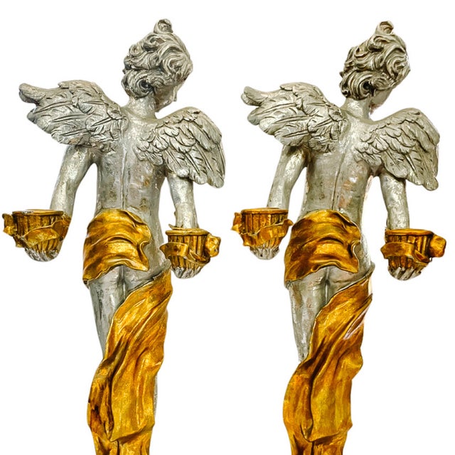 Monumental 24" Italian Baroque Style Silvered & Parcel-Gilt Cherub Candleholders - A Pair For Sale In San Diego - Image 6 of 10