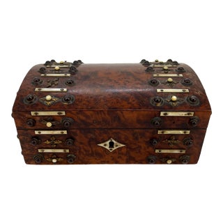 Burl Walnut and Brass Dome-Top Box With Mother-Of-Pearl, English, Ca. 1860 For Sale