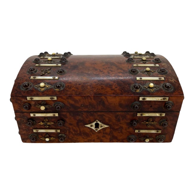 Burl Walnut and Brass Dome-Top Box With Mother-Of-Pearl, English, Ca. 1860 For Sale
