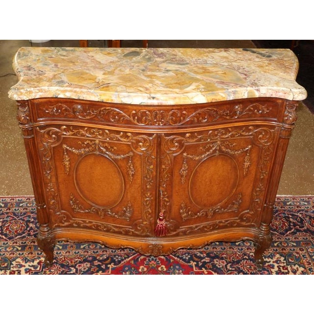 French Louis XVI Style Marble Top Burl Wood Server Dresser Commode Circa 1920 Dimensions : 49.5" Wide X 21" Deep X 37"...