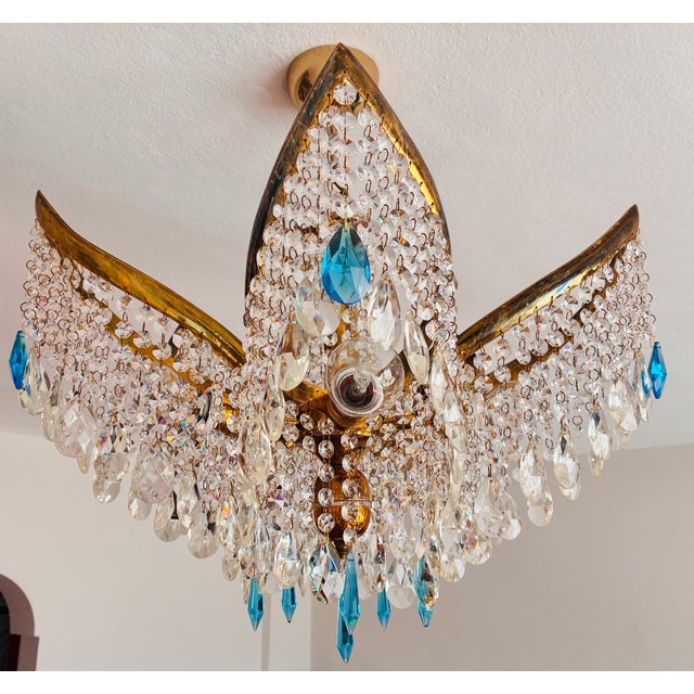 1960s Mid-Century Modern Crystal Chandelier With Aqua Blue Drops - Solid Brass Leaf Design Lighting - Rewired & Working⁠ For Sale - Image 12 of 18