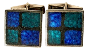 1950s Perli German Modernist Blue Grid Silver Enamel Cufflinks