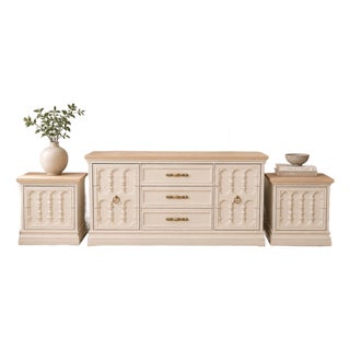 Professionally Refinished 1971 Broyhill Spanish Mediterranean Walnut Dresser Nightstand Set, Attributed For Sale