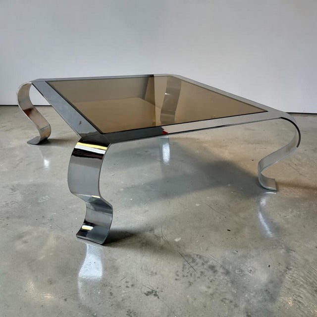 French French Mid-Century Francois Monnet Chrome and Smoked Glass Low Coffee Table For Sale - Image 3 of 6