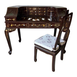 Vintage Chinoiserie Carlton Style Hardstone Decorated Desk With Chair - Set of 2 For Sale