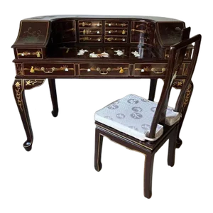Vintage Chinoiserie Carlton Style Hardstone Decorated Desk With Chair - Set of 2