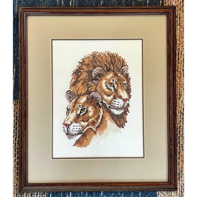 1970s Framed Needlepoint of Regal Lion & Lioness For Sale - Image 6 of 6