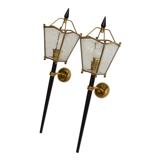 Jacques Adnet Style Sconces Lantern Wall Lamps French Mid-Century Modern - Pair For Sale