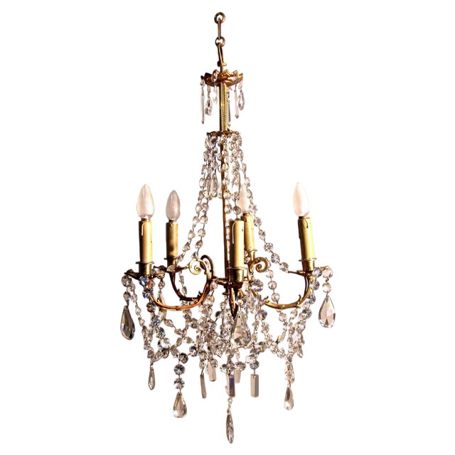 Large French Cut Glass and Brass Five Branch Chandelier, 1930s For Sale