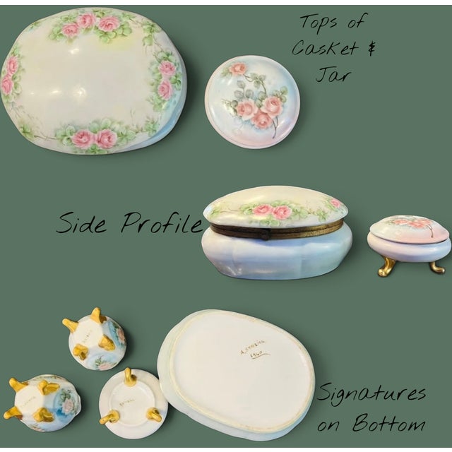 Pink Vintage Hand Painted Porcelain Vanity Set-Tray-Perfume Bottles-Casket-Jar-Signed For Sale - Image 8 of 11