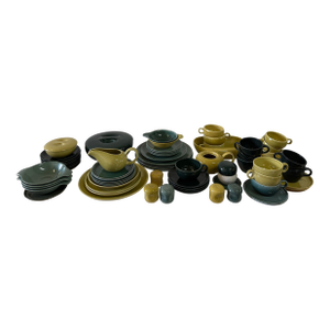 72-Piece Russel Wright by Steubenville Vintage Pottery Dinnerware in Green/ Ochre Tones