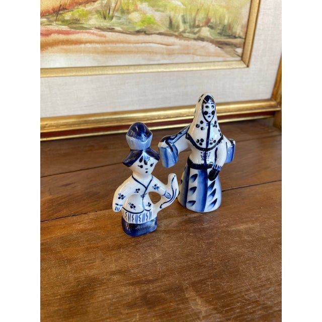 Vintage Blue and White Porcelain Figurine Pair, Hand-Painted Folk Figures For Sale In Seattle - Image 6 of 10
