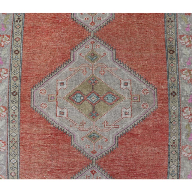 Vintage Turkish Oushak Gallery Runner in Coral, Grey, Green, Lavender, Yellow For Sale In Atlanta - Image 6 of 11