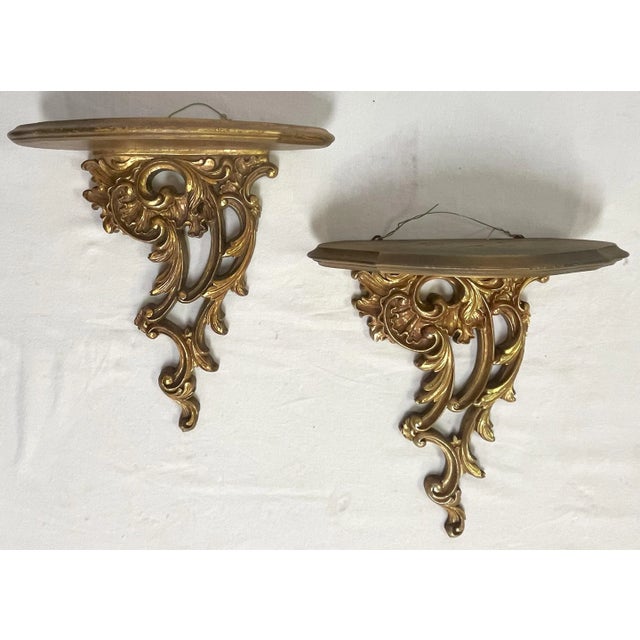 Mid 20th Century Vintage Italian Rococo Gold Finish Wood Wall Brackets- a Pair For Sale - Image 5 of 12