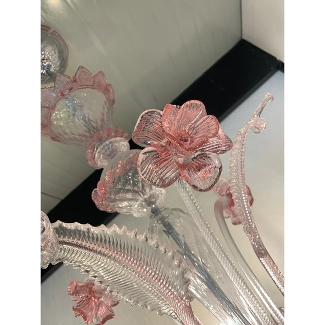 Glass Chandelier in Transparent and Pink Murano-Style Glass With Flower and Leaf Motifs For Sale - Image 7 of 13