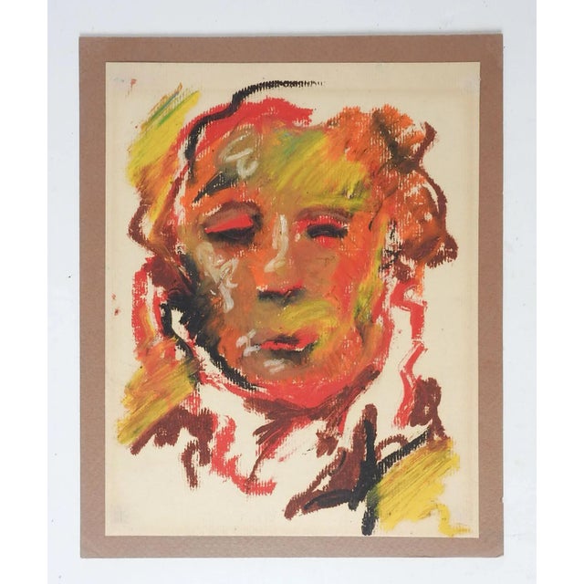 Vintage mid 20th centuryoil on paper abstract portrait painting. Unsigned. Unframed, mounted on brown mat backing, age...