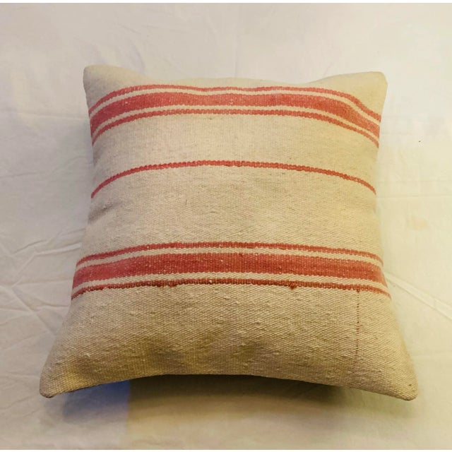 Vintage kilim rug fragment pillow reverse linen blend invisible zipper Includes down feather insert