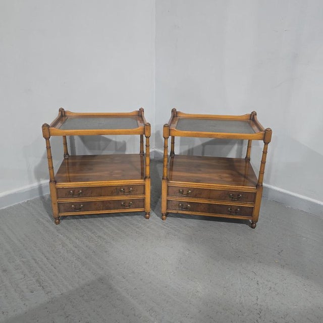 Excellent quality pair yew wood lamp tables, with two drawers and leather tops, freestanding and in excellent overall...