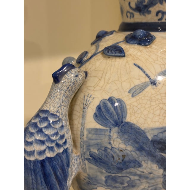 Large Scale Chinoiserie Blue and White Porcelain Table Lamp With Sculptural Bird Handles For Sale - Image 9 of 14