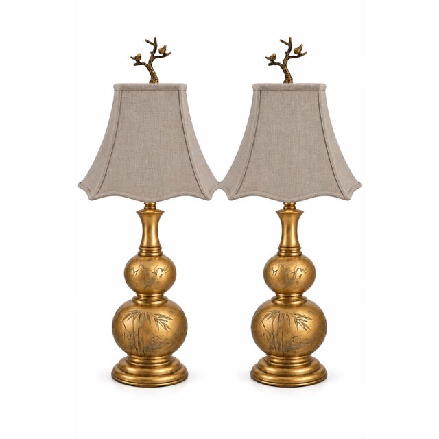 Chinoiserie Antique Chinoiserie Brass Double-Gourd Lamps With Taupe Pagoda Shades, Pair For Sale - Image 3 of 7