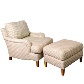 Club Chair and Ottoman With Diamond-Star-Pattern Cream-Colored Woven Fabric For Sale