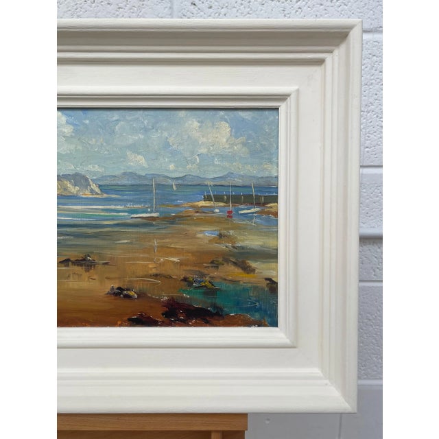 Mid-20th Century Impasto Oil Painting of Coastal Harbour Scene With Mountains in Wales For Sale - Image 6 of 9