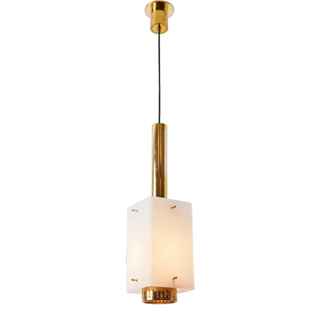 Large 1950s Stilnovo Model Brass and Glass Pendant With Original Yellow Label For Sale