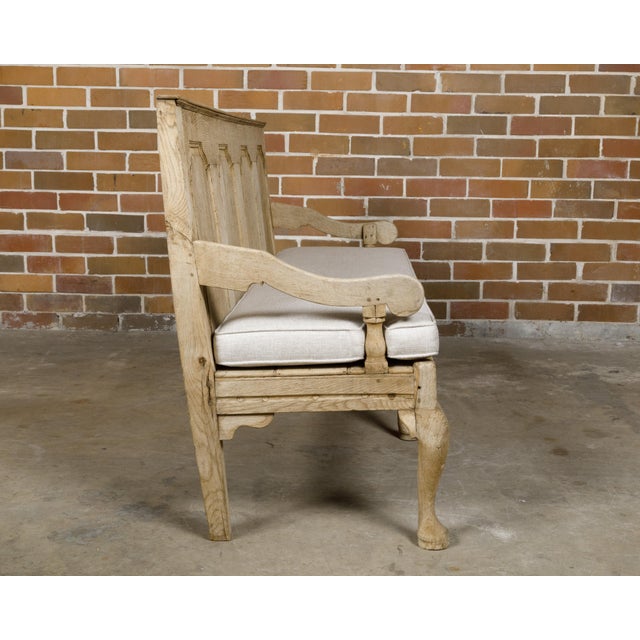 Wood English 19th Century Oak Bench with Carved Back, Downswept Arms and Cushion For Sale - Image 7 of 12