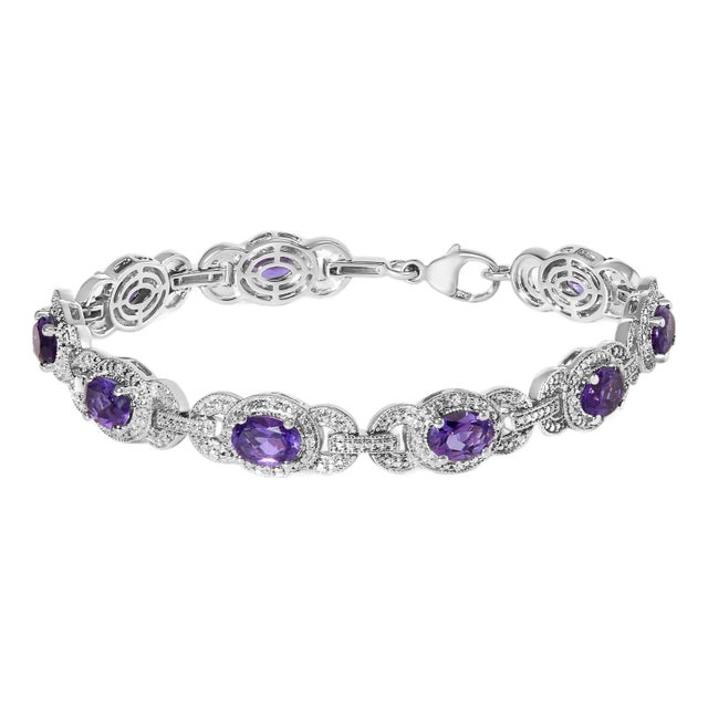 Sterling Silver Oval Purple Amethyst and Diamond Interlocking Halo Link Bracelet For Sale