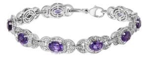 Sterling Silver Oval Purple Amethyst and Diamond Interlocking Halo Link Bracelet