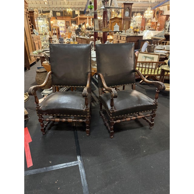 Louis XIII Chairs in Leather, Set of 2 For Sale - Image 5 of 5