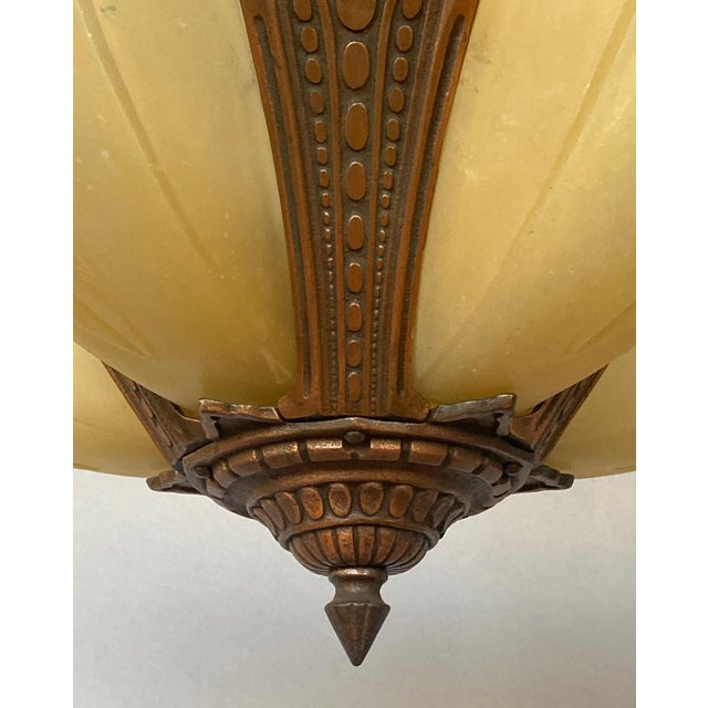 1930s Puritan 5-Light Flush Mount Copper-Plate Art Deco Chandelier, Slip Shades For Sale - Image 4 of 8